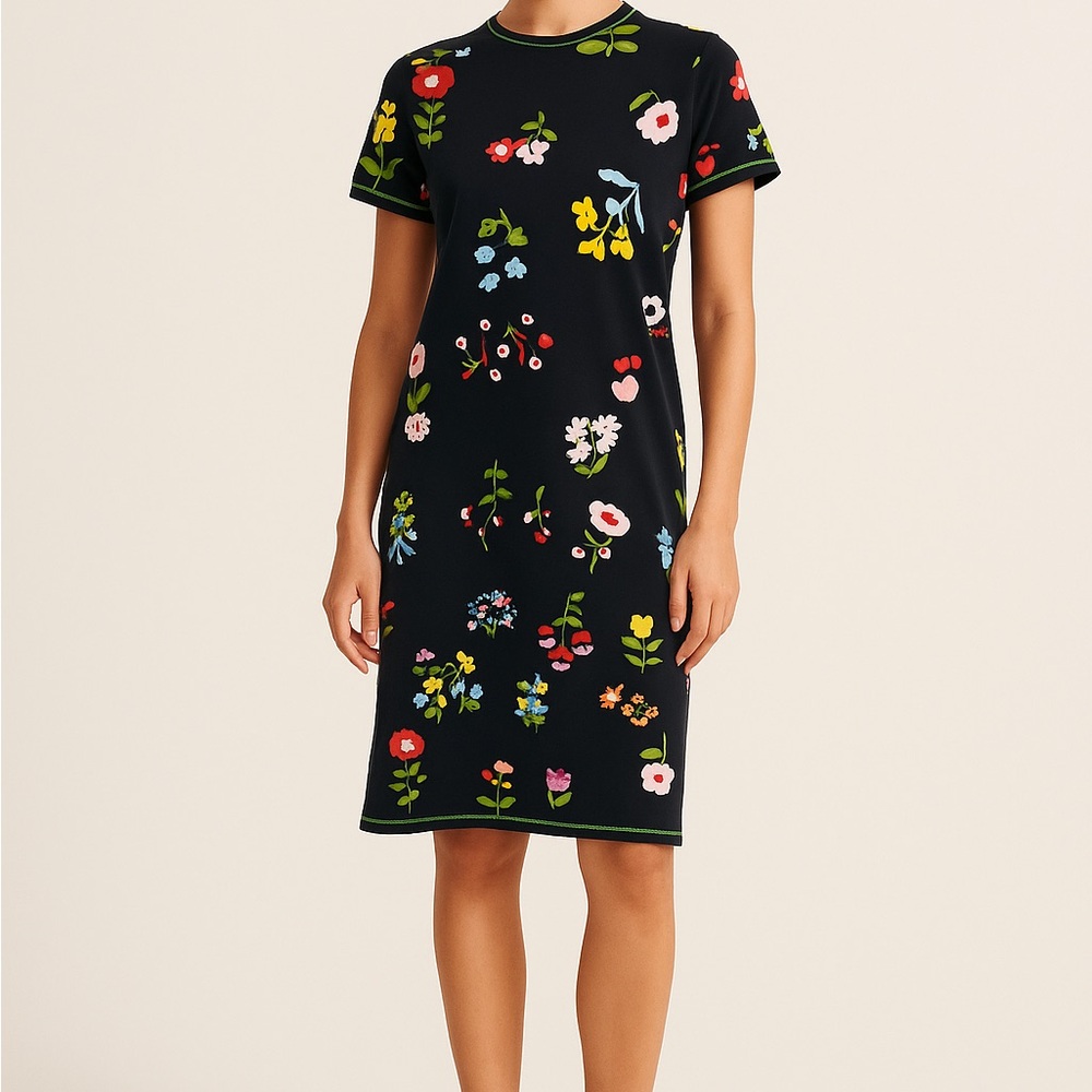Cynthia Rowley Black Midi Dress with Multicolor Floral Accents‎